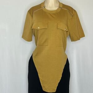 StyleWe Womens Large Mustard Tunic Top Zip Shoulder Pocket Short Sleeve NWT